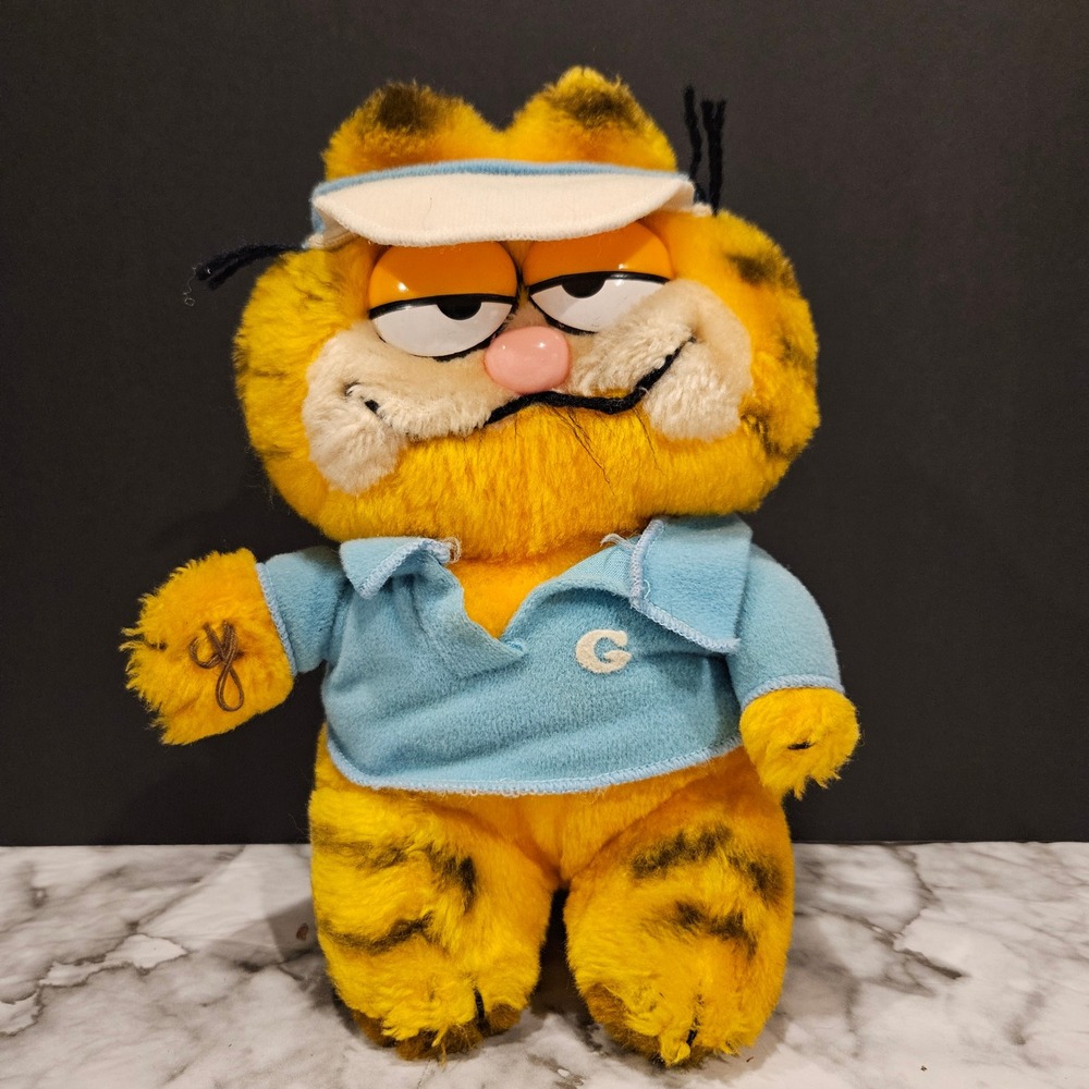 Vintage Garfield Golf Plush Toy Blue Shirt Visor Stuffed Animal 1980s‎